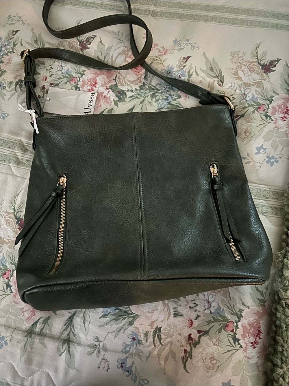 NWT Alyssa Dark Green Faux-Leather Crossbody Bag with Gold Zippers